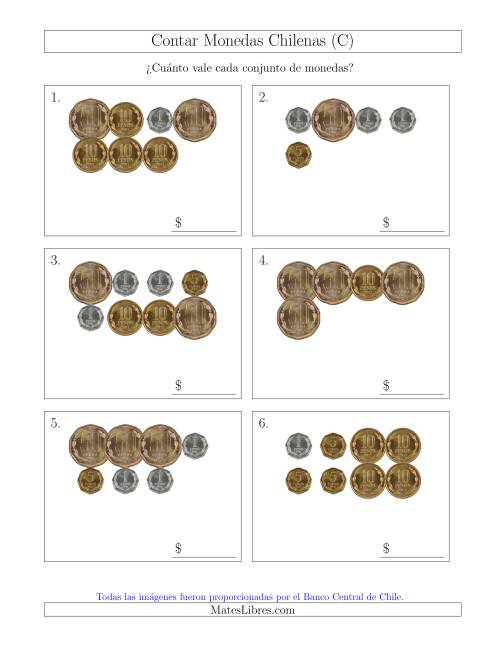 La hoja de ejercicios de Contar Colecciones de Monedas Chilenas sin Monedas de 100 ó 500 (C)