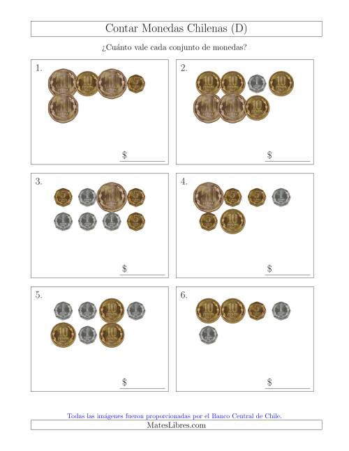 La hoja de ejercicios de Contar Colecciones de Monedas Chilenas sin Monedas de 100 ó 500 (D)