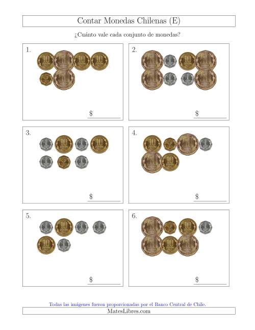 La hoja de ejercicios de Contar Colecciones de Monedas Chilenas sin Monedas de 100 ó 500 (E)