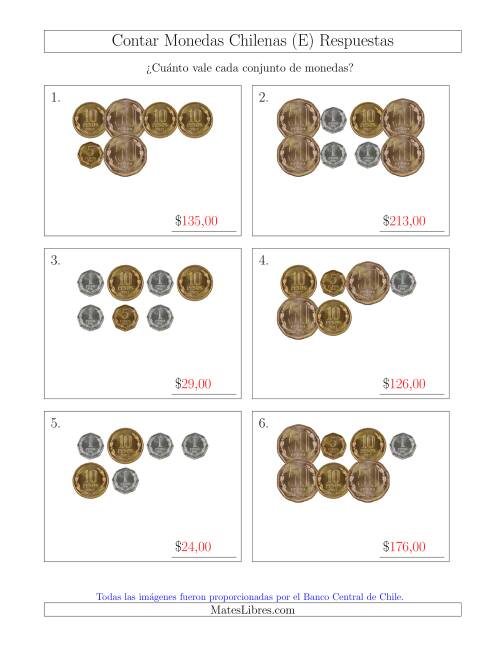 La hoja de ejercicios de Contar Colecciones de Monedas Chilenas sin Monedas de 100 ó 500 (E) Página 2