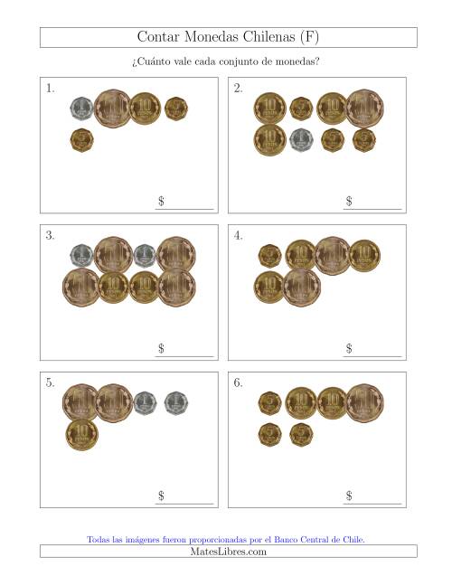 La hoja de ejercicios de Contar Colecciones de Monedas Chilenas sin Monedas de 100 ó 500 (F)