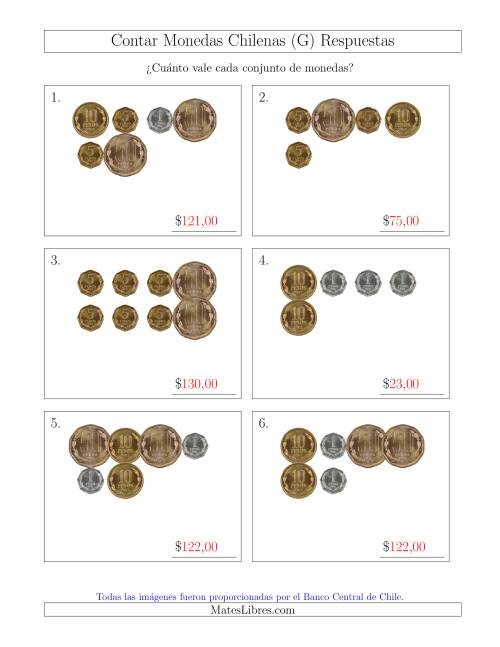 La hoja de ejercicios de Contar Colecciones de Monedas Chilenas sin Monedas de 100 ó 500 (G) Página 2