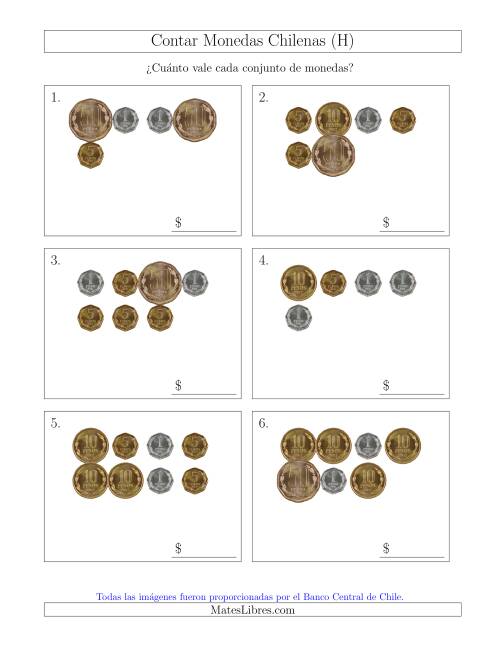 La hoja de ejercicios de Contar Colecciones de Monedas Chilenas sin Monedas de 100 ó 500 (H)
