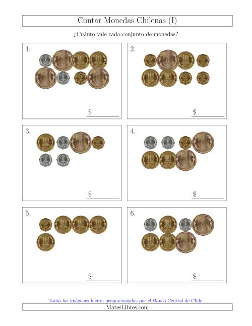 La hoja de ejercicios de Contar Colecciones de Monedas Chilenas sin Monedas de 100 ó 500 (I)