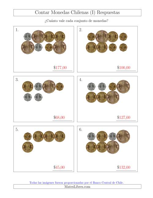 La hoja de ejercicios de Contar Colecciones de Monedas Chilenas sin Monedas de 100 ó 500 (I) Página 2