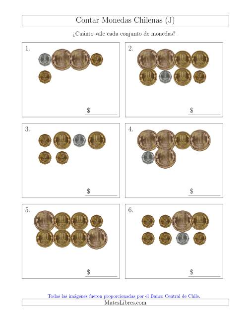 La hoja de ejercicios de Contar Colecciones de Monedas Chilenas sin Monedas de 100 ó 500 (J)