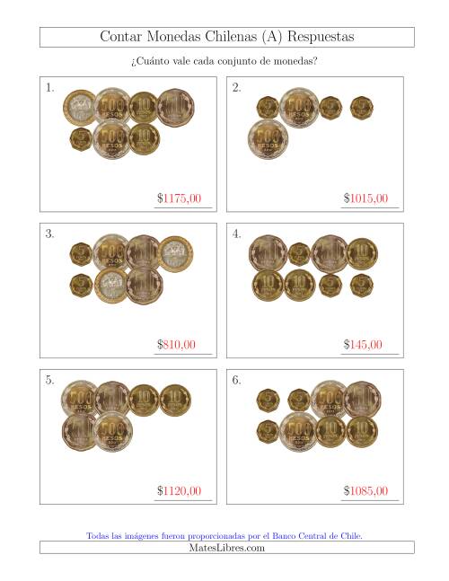 La hoja de ejercicios de Contar Colecciones de Monedas Chilenas sin Monedas de 1 (A) Página 2