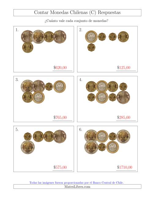 La hoja de ejercicios de Contar Colecciones de Monedas Chilenas sin Monedas de 1 (C) Página 2