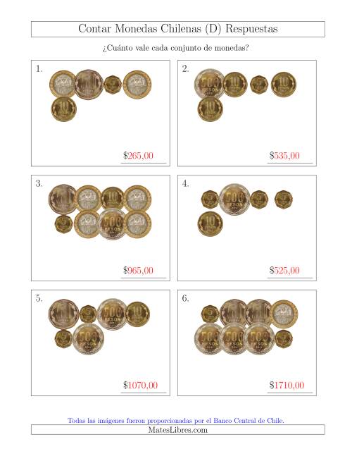 La hoja de ejercicios de Contar Colecciones de Monedas Chilenas sin Monedas de 1 (D) Página 2