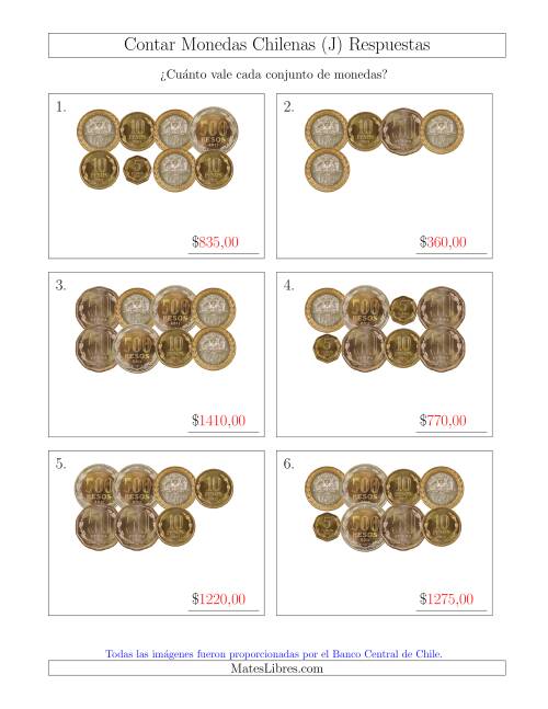 La hoja de ejercicios de Contar Colecciones de Monedas Chilenas sin Monedas de 1 (J) Página 2
