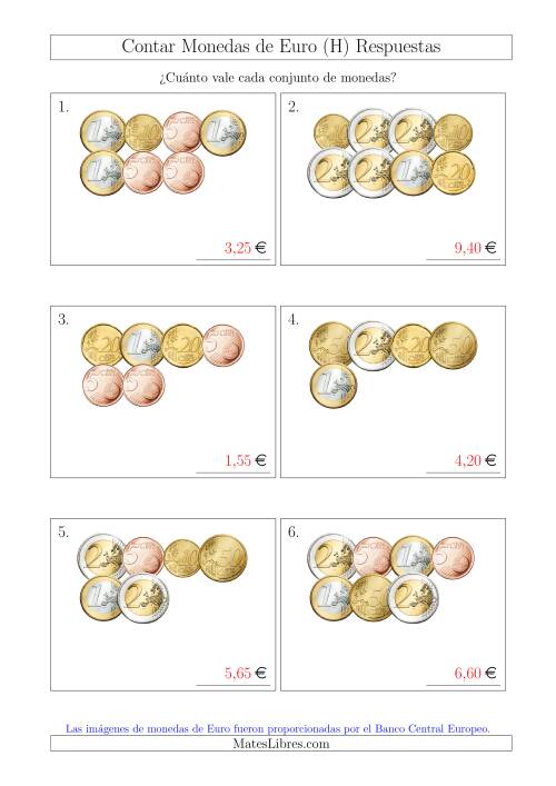 La hoja de ejercicios de Contar Colecciones de Monedas de Euro sin Monedas de 1 ó 2 Céntimos (H) Página 2