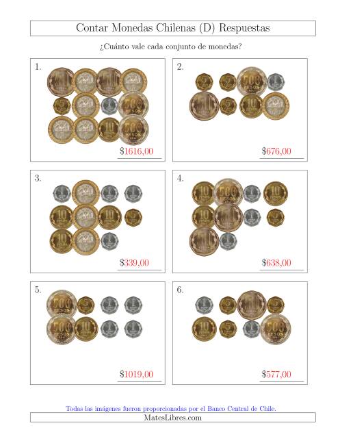 La hoja de ejercicios de Contar Colecciones Grandes de Monedas Chilenas (D) Página 2