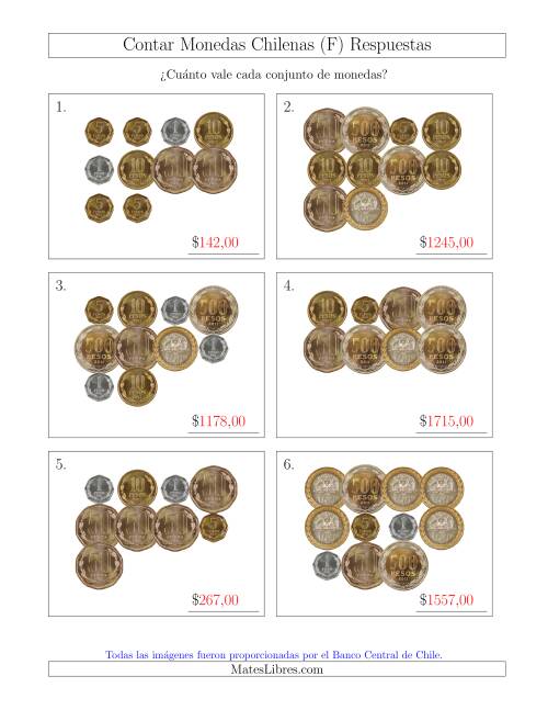 La hoja de ejercicios de Contar Colecciones Grandes de Monedas Chilenas (F) Página 2