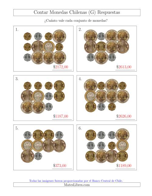 La hoja de ejercicios de Contar Colecciones Grandes de Monedas Chilenas (G) Página 2