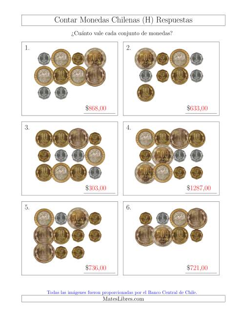 La hoja de ejercicios de Contar Colecciones Grandes de Monedas Chilenas (H) Página 2