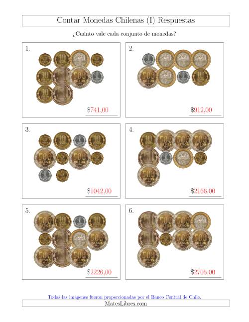 La hoja de ejercicios de Contar Colecciones Grandes de Monedas Chilenas (I) Página 2