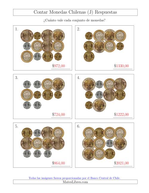 La hoja de ejercicios de Contar Colecciones Grandes de Monedas Chilenas (J) Página 2