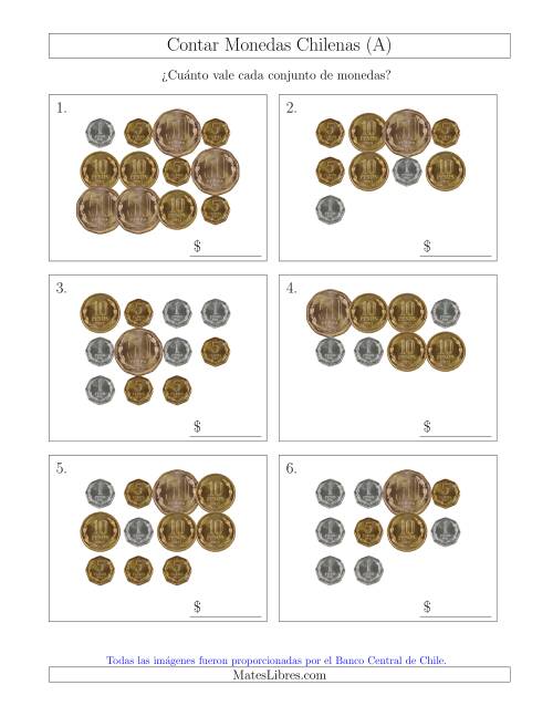 La hoja de ejercicios de Contar Colecciones Grandes de Monedas Chilenas sin Monedas de 100 ó 500 (A)