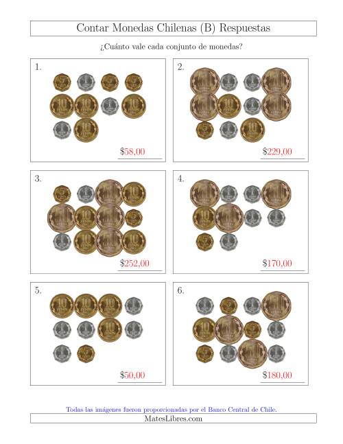 La hoja de ejercicios de Contar Colecciones Grandes de Monedas Chilenas sin Monedas de 100 ó 500 (B) Página 2