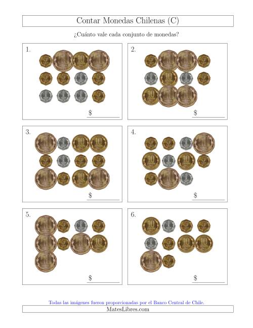 La hoja de ejercicios de Contar Colecciones Grandes de Monedas Chilenas sin Monedas de 100 ó 500 (C)