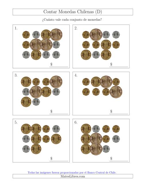 La hoja de ejercicios de Contar Colecciones Grandes de Monedas Chilenas sin Monedas de 100 ó 500 (D)