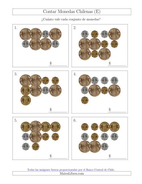 La hoja de ejercicios de Contar Colecciones Grandes de Monedas Chilenas sin Monedas de 100 ó 500 (E)