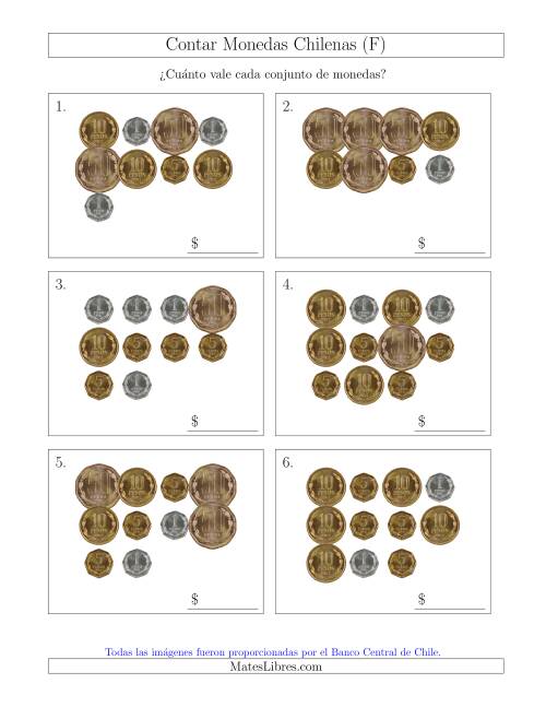 La hoja de ejercicios de Contar Colecciones Grandes de Monedas Chilenas sin Monedas de 100 ó 500 (F)