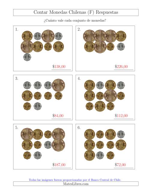La hoja de ejercicios de Contar Colecciones Grandes de Monedas Chilenas sin Monedas de 100 ó 500 (F) Página 2