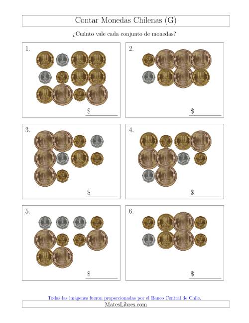 La hoja de ejercicios de Contar Colecciones Grandes de Monedas Chilenas sin Monedas de 100 ó 500 (G)