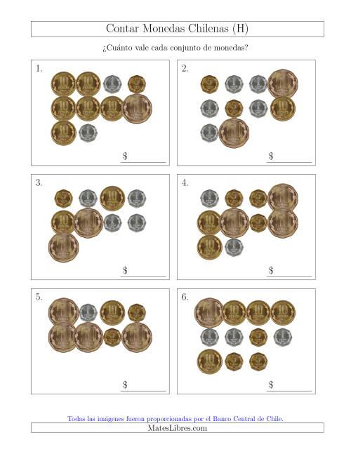 La hoja de ejercicios de Contar Colecciones Grandes de Monedas Chilenas sin Monedas de 100 ó 500 (H)