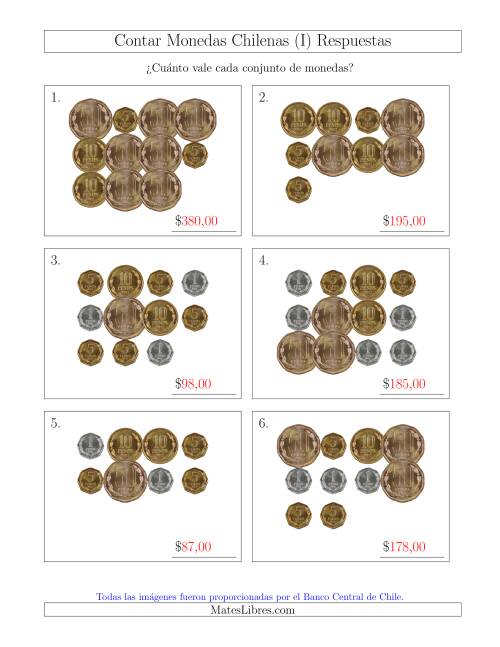 La hoja de ejercicios de Contar Colecciones Grandes de Monedas Chilenas sin Monedas de 100 ó 500 (I) Página 2
