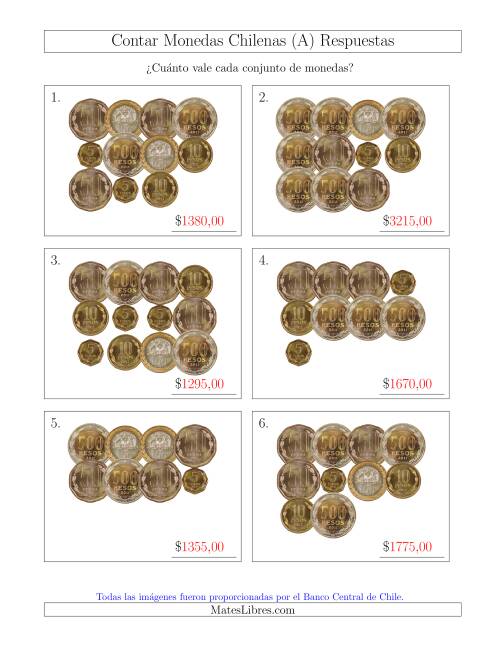 La hoja de ejercicios de Contar Colecciones Grandes de Monedas Chilenas sin Monedas de 1 (A) Página 2