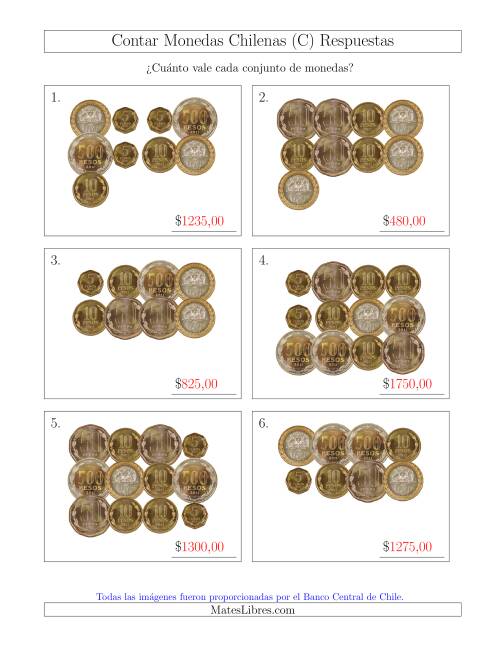 La hoja de ejercicios de Contar Colecciones Grandes de Monedas Chilenas sin Monedas de 1 (C) Página 2