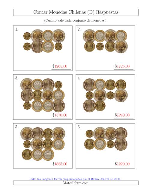 La hoja de ejercicios de Contar Colecciones Grandes de Monedas Chilenas sin Monedas de 1 (D) Página 2