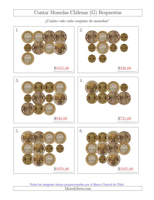 La hoja de ejercicios de Contar Colecciones Grandes de Monedas Chilenas sin Monedas de 1 (G) Página 2