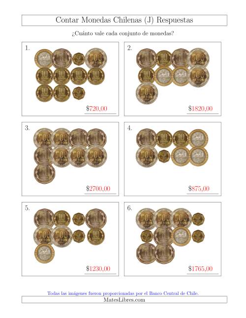 La hoja de ejercicios de Contar Colecciones Grandes de Monedas Chilenas sin Monedas de 1 (J) Página 2
