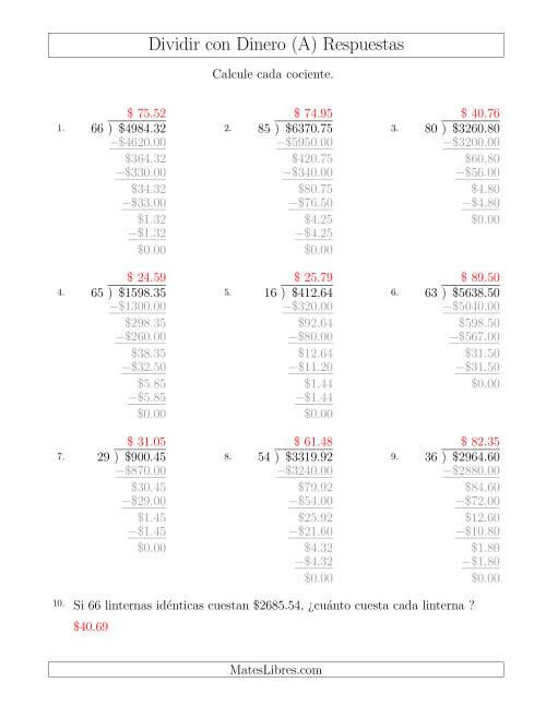 La hoja de ejercicios de Dividir Cantidades de Dólares en Incrementos de 1 Centavo por Divisores de Dos Dígitos (A) Página 2