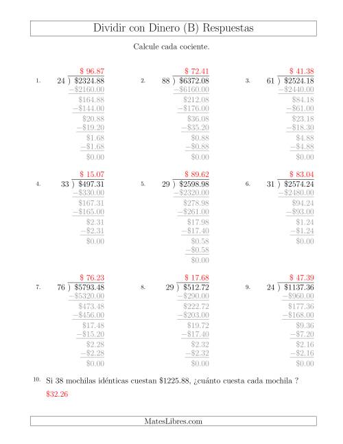 La hoja de ejercicios de Dividir Cantidades de Dólares en Incrementos de 1 Centavo por Divisores de Dos Dígitos (B) Página 2