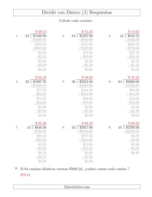 La hoja de ejercicios de Dividir Cantidades de Dólares en Incrementos de 1 Centavo por Divisores de Dos Dígitos (J) Página 2