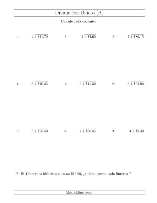 La hoja de ejercicios de Dividir Cantidades de Dólares en Incrementos de 5 Centavos por Divisores de Un Dígito (A)