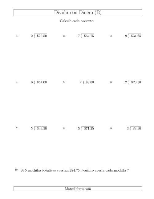 La hoja de ejercicios de Dividir Cantidades de Dólares en Incrementos de 5 Centavos por Divisores de Un Dígito (B)