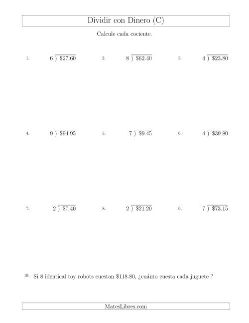 La hoja de ejercicios de Dividir Cantidades de Dólares en Incrementos de 5 Centavos por Divisores de Un Dígito (C)
