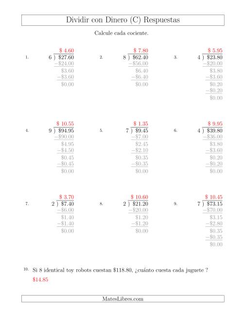 La hoja de ejercicios de Dividir Cantidades de Dólares en Incrementos de 5 Centavos por Divisores de Un Dígito (C) Página 2