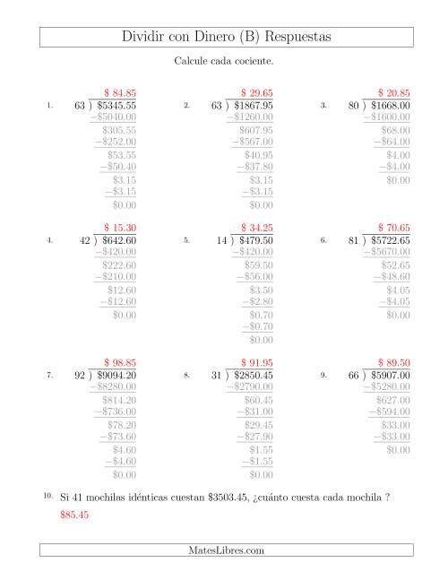 La hoja de ejercicios de Dividir Cantidades de Dólares en Incrementos de 5 Centavos por Divisores de Dos Dígitos (B) Página 2