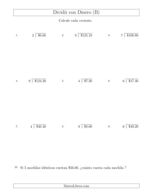 La hoja de ejercicios de Dividir Cantidades de Dólares en Incrementos de 10 Centavos por Divisores de Un Dígito (B)