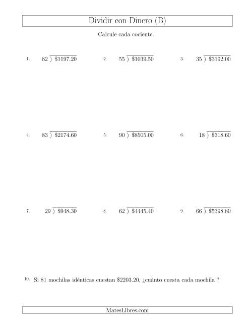La hoja de ejercicios de Dividir Cantidades de Dólares en Incrementos de 10 Centavos por Divisores de Dos Dígitos (B)