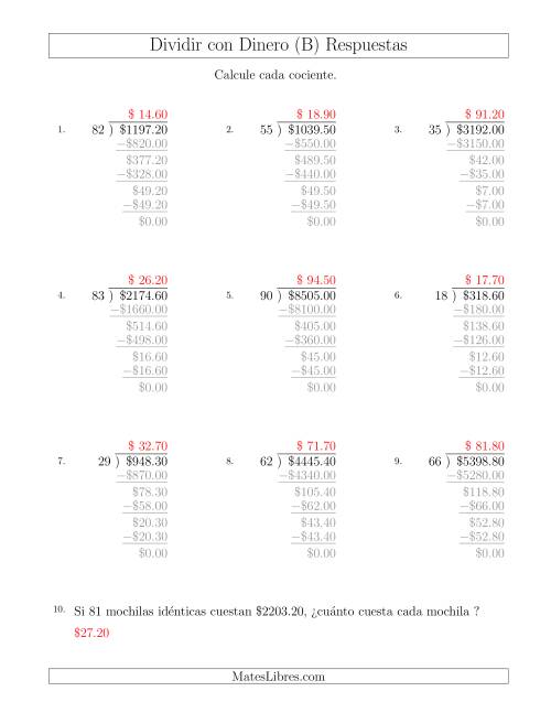 La hoja de ejercicios de Dividir Cantidades de Dólares en Incrementos de 10 Centavos por Divisores de Dos Dígitos (B) Página 2