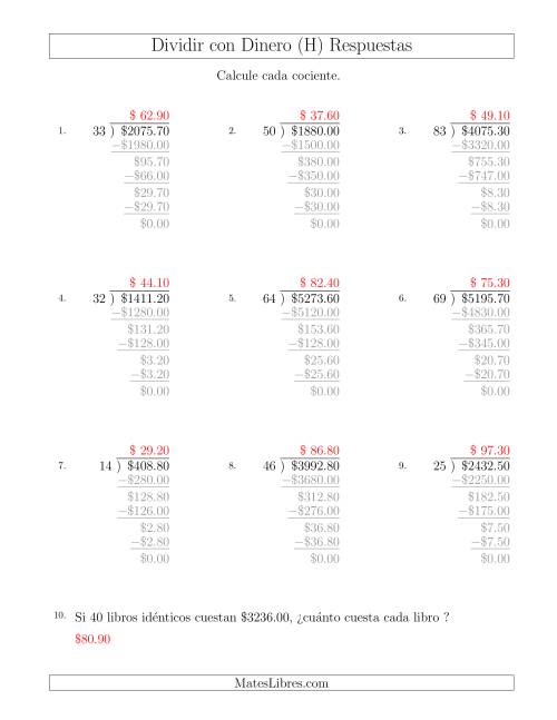 La hoja de ejercicios de Dividir Cantidades de Dólares en Incrementos de 10 Centavos por Divisores de Dos Dígitos (H) Página 2
