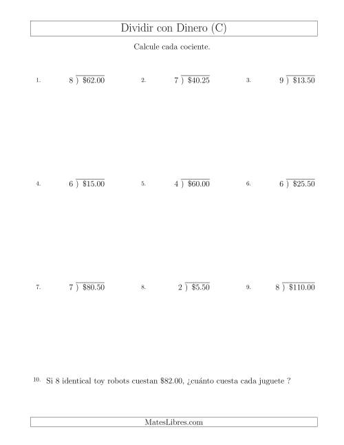La hoja de ejercicios de Dividir Cantidades de Dólares en Incrementos de 25 Centavos por Divisores de Un Dígito (C)