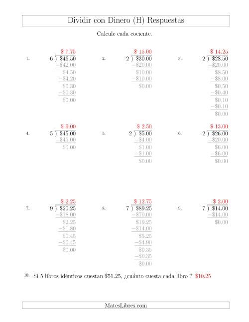 La hoja de ejercicios de Dividir Cantidades de Dólares en Incrementos de 25 Centavos por Divisores de Un Dígito (H) Página 2